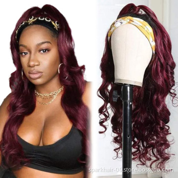 Burgundy Colored Human Hair Body Wave Headband Wig 180% Density Headband Wigs for Black Women Raw Virgin Hair Wigs
